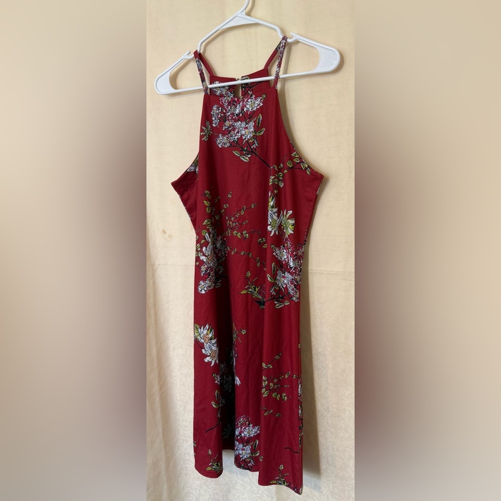 Burgundy Floral Print Dress, Women’s Size Medium, High Neck, Stretchy Knit Dress - Picture 3 of 8